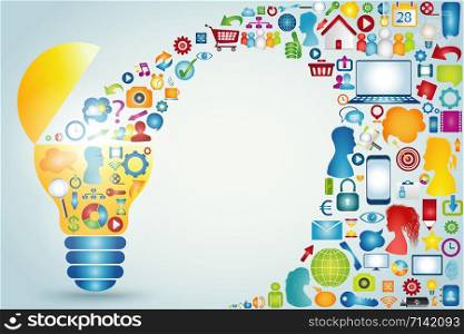 Social media communication. Online sharing. Discussion group people or friends exchanging information and ideas. Social network connection. Communicate community. Light bulb with icon application