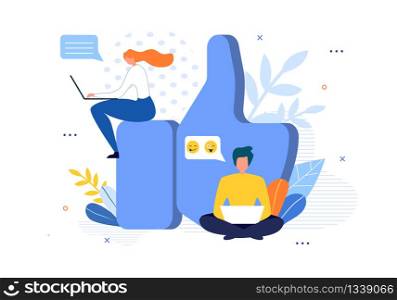 Social Media Community and Huge Like Sign Cartoon. Flat People Characters Sitting around Big Thumbs up Symbol. Man and Woman Networking and Blogging on Laptop. Vector Communication Illustration. Social Media Community and Huge Like Sign Cartoon
