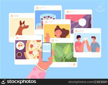 Social media concept. Hand holding smartphone, virtual photography. Looks and likes photos in internet vector concept. Illustration of smartphone network, communication and marketing. Social media concept. Hand holding smartphone, virtual photography. Looks and likes photos in internet vector concept