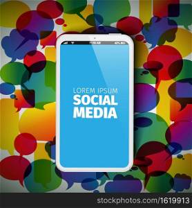 Social media concept illustration with smartphone, speech bubbles and place for your text content. Social media abstract illustration with smartphone