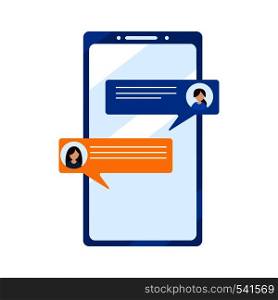 Social media concept. Social networks, mobile virtual communication. Dialogue, chatting, communication on mobile phone. Flat vector illustration isolated on white background. Social media concept. Social networks, mobile virtual communication. Dialogue, chatting, communication on mobile phone.