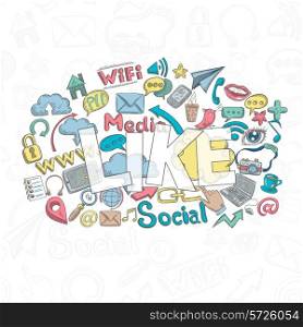 Social media concept with doodle decorative icons and like lettering vector illustration