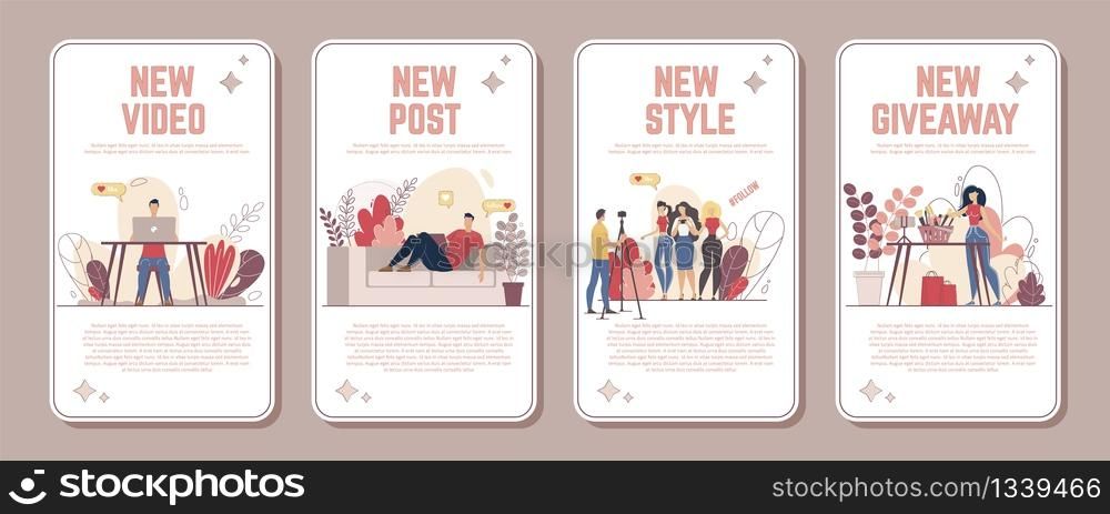 Social Media Content Creator, Beauty Video Blogger Channel, Giveaway Event in Cosmetics Store Advertising Banners, Promotion Posters Set. Blogging People Characters Trendy Flat Vector Illustration