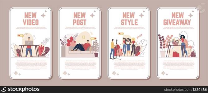 Social Media Content Creator, Beauty Video Blogger Channel, Giveaway Event in Cosmetics Store Advertising Banners, Promotion Posters Set. Blogging People Characters Trendy Flat Vector Illustration