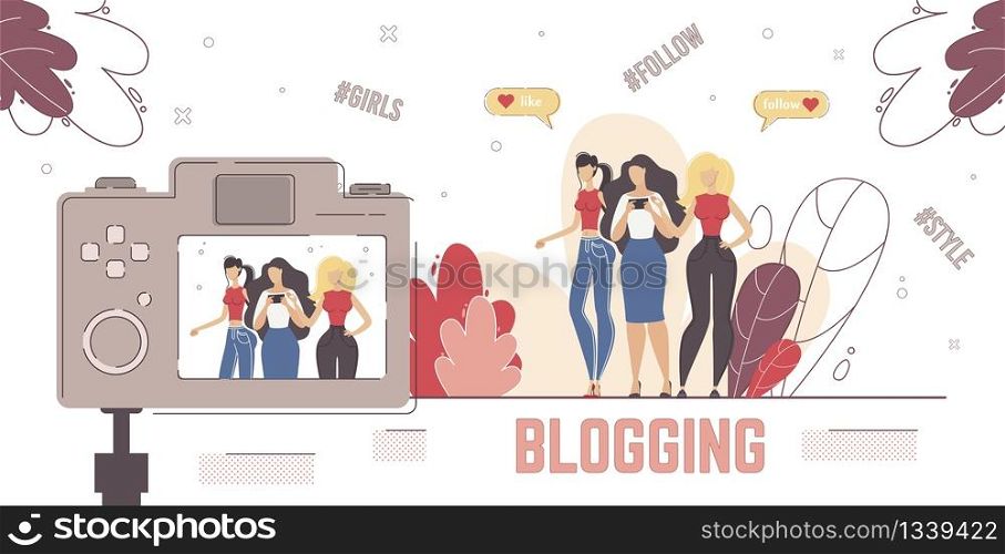 Social Media Content Creator, Live Streamer, Video Blogger Concept. Blogging People, Women Recording Vlog on Camera, Watching Video in Internet, Sharing Content Online Trendy Flat Vector Illustration