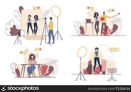 Social Media Content Maker, Blogging People, Live Video Streamer Characters Set. Cameraman Recording Footage in Studio, Woman Subscribing to Beauty Blogger Channel Trendy Flat Vector Illustration