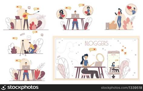 Social Media Content Viewer, Popular Video Blogger, Live Streamer Characters Set. Men and Women Streaming Online with Smartphone, Commenting and Liking Blogger Post Trendy Flat Vector Illustration