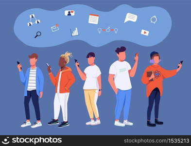 Social media culture flat concept vector illustration. Young people, generation Z teens with smartphones 2D cartoon characters for web design. Digital lifestyle, gen Z communication creative idea. Social media culture flat concept vector illustration