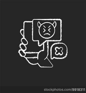 Social media cyberbullying chalk white icon on black background. Teenager cyberharassment. Hurtful online comments. Internet hate from trolls. Isolated vector chalkboard illustration. Social media cyberbullying chalk white icon on black background
