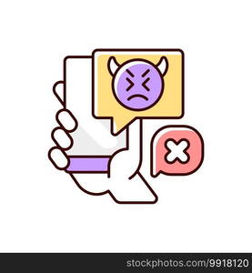 Social media cyberbullying RGB color icon. Teenager cyberharassment. Hurtful online comments. Internet hate from trolls. Negative messages online. Offensive mail. Isolated vector illustration. Social media cyberbullying RGB color icon