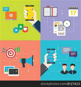Social media, data, communication and business connection icons. Concepts of social media, data communication, communication service, business connection. Flat design icons in vector illustration.