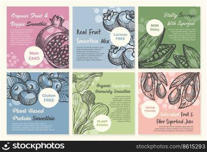 Social media design set with superfood smoothie. Digital network post collection with hand drawn sketch product element, vector illustration. Vitality beverage, fruit and veggie juice advertising. Social media design set with superfood smoothie