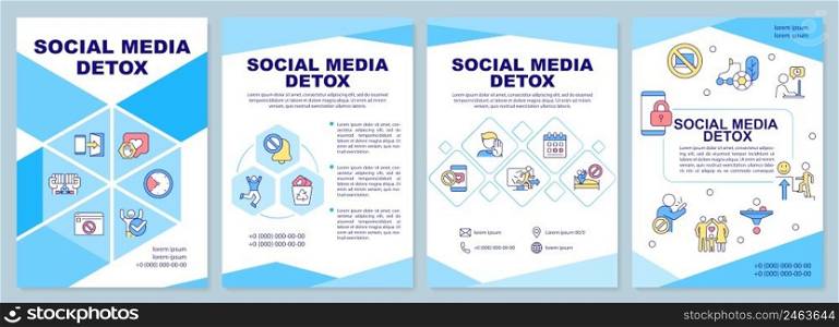 Social media detox blue brochure template. Freedom from internet. Leaflet design with linear icons. 4 vector layouts for presentation, annual reports. Arial-Black, Myriad Pro-Regular fonts used. Social media detox blue brochure template