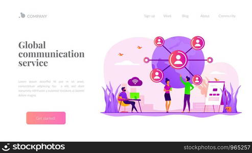 Social media. Distance communication. International business partners. Global network, world device connection, global communication service concept. Website homepage header landing web page template.. Global network connection landing page template