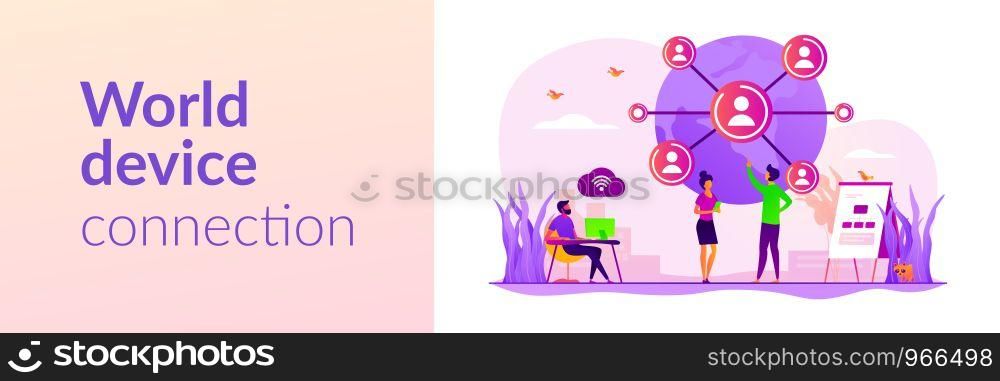 Social media. Distance communication. International business partners. Global network, world device connection, global communication service concept. Header or footer banner template with copy space.. Global network connection web banner concept