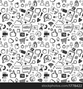 Social media doodles. Social network, internet, computer technology, digital marketing blog hand drawn elements vector seamless pattern. Communication in networking site, female and male user. Social media doodles. Social network, internet, computer technology, digital marketing blog hand drawn elements vector seamless pattern