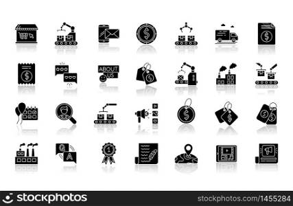 Social media drop shadow black glyph icons set. E commerce and retail. Online shopping store. Internet trade. Digital marketing. Bestselling product. Isolated vector illustrations on white space. Social media drop shadow black glyph icons set