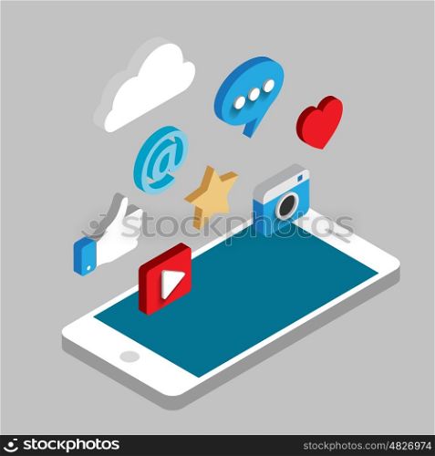 Social media flat 3d isometric concept vector icons.. Social media flat 3d isometric concept vector icons. . Flat web illustration infographics collection.