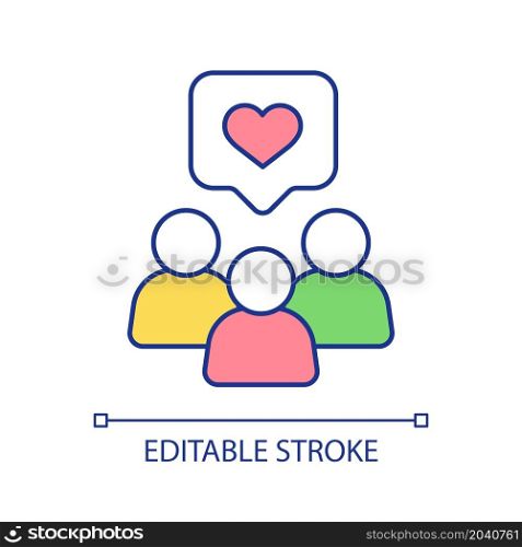 Social media followers loyalty RGB color icon. People group and heart. Communication with friends and customers online. Isolated vector illustration. Simple filled line drawing. Editable stroke. Social media followers loyalty RGB color icon