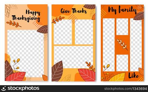 Social Media Frames Set for Happy Thanksgiving Holiday. Mobile Templates with Empty Space for Give Thanks and Family Photos. Network Stories Conceptual Greetings Cards. Vector Flat Illustration. Social Media Set for Happy Thanksgiving Holiday