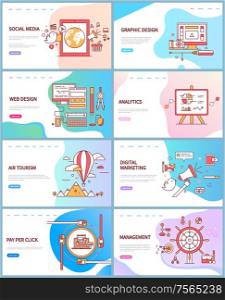 Social media, graphic design, analytics and marketing, management and air tourism. Web pages decorated by gadgets or tools. Website with icons of work vector. Template landing page in flat style. Social Media Graphic and Management Website Vector