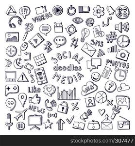 Social media hand drawn icons set. Computer and network doodle vector illustrations. Network media sketch icons, social media doodle. Social media hand drawn icons set. Computer and network doodle vector illustrations