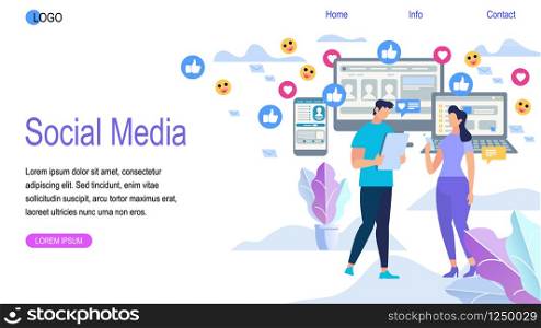 Social Media Horizontal Banner with Copy Space. Young People Write Messages Using Smartphone. Social Networks, Sending E-mail and Phones Texting. Online Communication Cartoon Flat Vector Illustration. Young People Write Messages Using Smartphone.