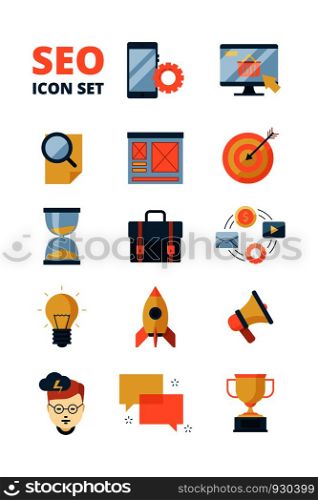 Social media icon. Promotion web advertizing startup media email marketing business and seo symbols vector flat pictures. Illustration of optimization and management analysis, idea and solution. Social media icon. Promotion web advertizing startup media email marketing business and seo symbols vector flat pictures