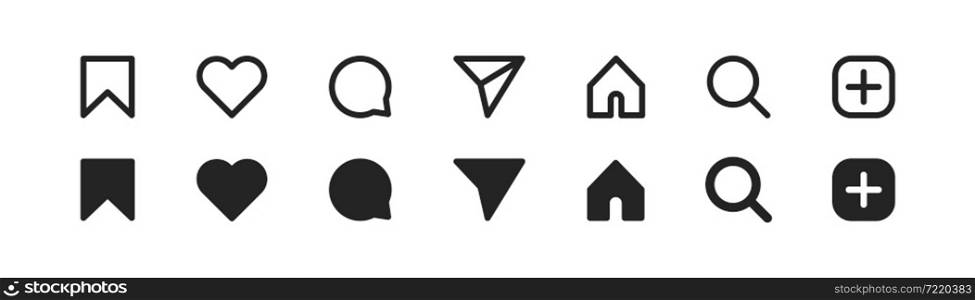 Social media icon, set. Like icon. Share button. Comment sign. Save symbol. App message line illustration in vector flat style.