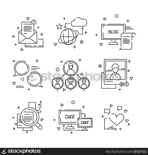 Social media icon. Web community people symbols of group learning to talk photos avatars linear pictures set isolated. Illustration of web internet network, icon social media of set. Social media icon. Web community people symbols of group learning to talk photos avatars linear pictures set isolated