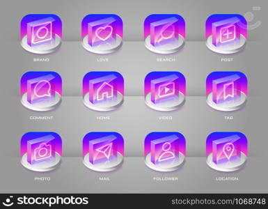 Social media icons set 3d transparent push button style Use with desktop apps, chat, video, cameras, phones, tablets, and social networks.