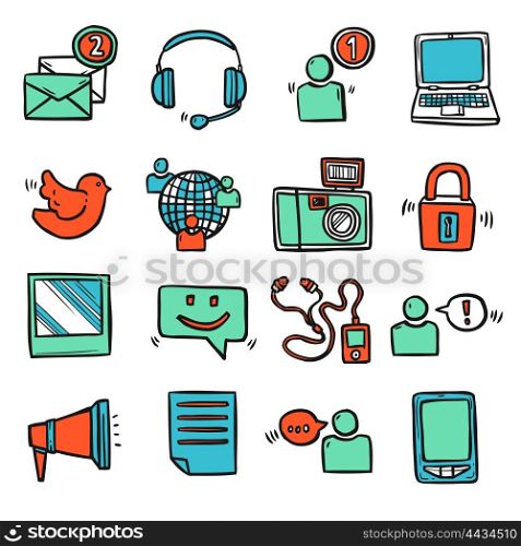 Social Media Icons Set. Social media sketch decorative icons set with email mobile phone speech bubble isolated vector illustration