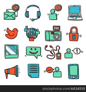 Social Media Icons Set. Social media sketch decorative icons set with email mobile phone speech bubble isolated vector illustration