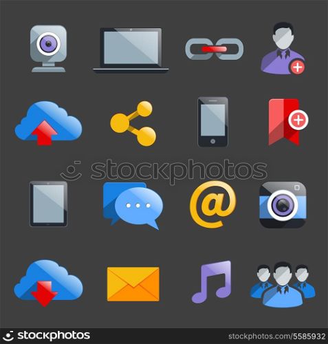 Social media icons set with web camera laptop avatar isolated vector illustration
