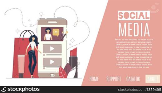 Social Media Influencer and Opinion Leader, Beauty Blogger Channel Web Banner, Landing Page Template. Woman Watching Makeup Video Lessons, Shopping Recommendation Trendy Flat Vector Illustration