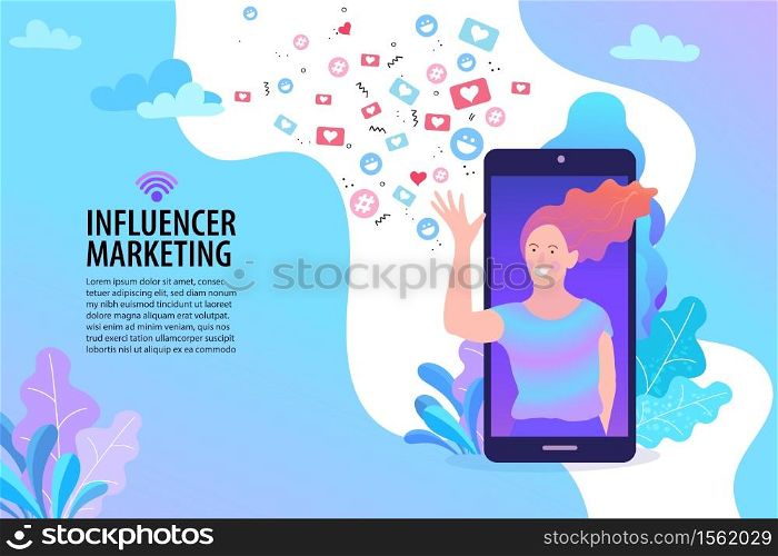 Social media influencer. Different social media icons. Vector illustration in flat style.