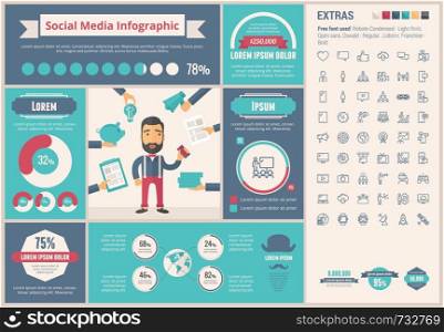 Social Media infographic template and elements. The template includes illustrations of hipster men and huge awesome set of thin line icons. Modern minimalistic flat vector design.. Social Media flat design Infographic Template