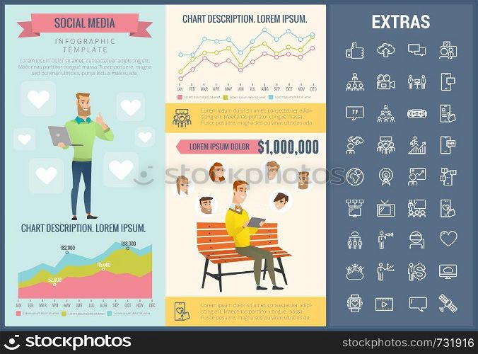 Social media infographic template, elements and icons. Infograph includes customizable graphs, charts, line icon set with social media, global network, electronic mail, internet technology etc.. Social media infographic template, elements, icons