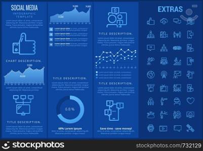 Social media infographic template, elements and icons. Infograph includes customizable graphs, charts, line icon set with social media, global network, electronic mail, internet technology etc.. Social media infographic template, elements, icons