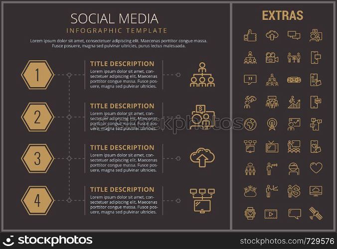 Social media infographic timeline template, elements and icons. Infograph includes numbered options, line icon set with social media, global network, electronic mail, internet technology, thumb up etc. Social media infographic template, elements, icons
