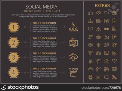 Social media infographic timeline template, elements and icons. Infograph includes numbered options, line icon set with social media, global network, electronic mail, internet technology, thumb up etc. Social media infographic template, elements, icons