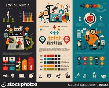 Social media infographic. Work people socializing like rating sharing vector graphic social design template. Social media stats information illustration. Social media infographic. Work people socializing like rating sharing vector graphic social design template