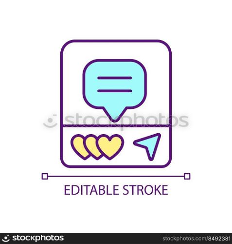 Social media interaction RGB color icon. Online communication. Messages and emails. Mobile application. Isolated vector illustration. Simple filled line drawing. Editable stroke. Arial font used. Social media interaction RGB color icon