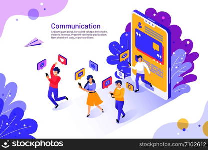 Social media isometric concept. 3D people using mobile phones and communicating. Vector illustration user like share follow and comment set with people in cellphone. Social media isometric concept. 3D people using mobile phones and communicating. Vector user like share follow and comment set