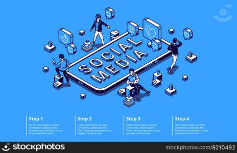 Social media isometric infographic concept with tiny characters using gadgets, working on computer, communicate and chatting in internet networks around huge smartphone 3d vector line art infographics. Social media isometric infographic with characters