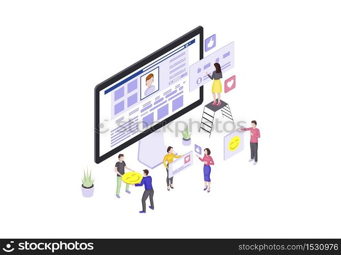 Social media isometric vector illustration. Online communication. Users likes and comments 3d concept. SMM. Views, subscribers, followers gathering. Social network. Blogging. Isolated clipart. Social media isometric vector illustration