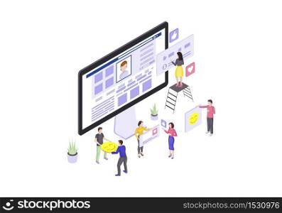 Social media isometric vector illustration. Online communication. Users likes and comments 3d concept. SMM. Views, subscribers, followers gathering. Social network. Blogging. Isolated clipart. Social media isometric vector illustration