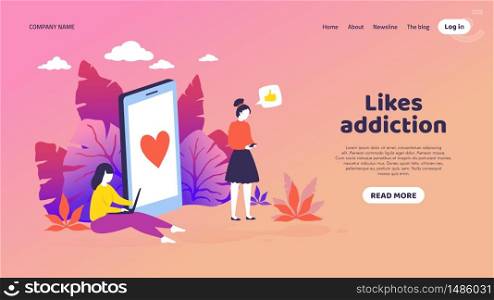 Social media landing page. Trendy mockup with cartoon customer characters get like notifications. Vector vibrant illustrations frontend smartphone, concept web page with thumbs-up icon. Social media landing page. Trendy mockup with cartoon customer characters get like notifications. Vector thumbs-up web page