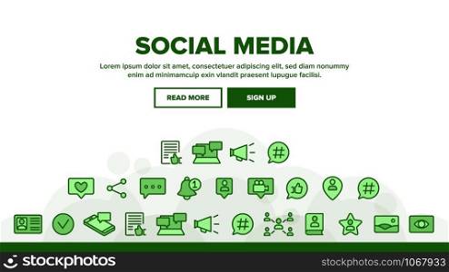 Social Media Landing Web Page Header Banner Template Vector. Internet Social Chat And Message In Smartphone, Web Site Details Like And Bell Mark Illustration. Social Media Landing Header Vector