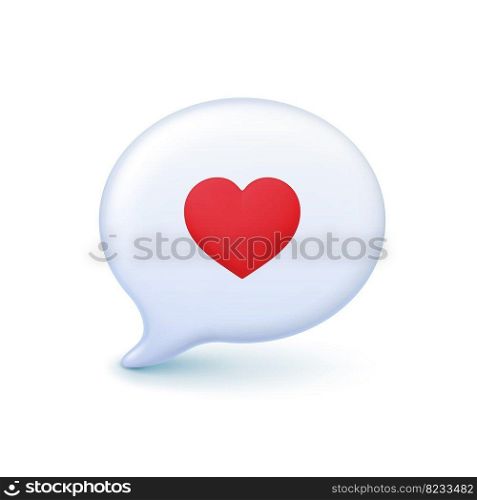 Social media like 3d icon. Love message notification, red heart in white speech bubble realistic vector sign. Web network simple element design of love and like icon internet illustration. Social media like 3d icon. Love message notification, red heart in white speech bubble realistic vector sign. Web network simple element design